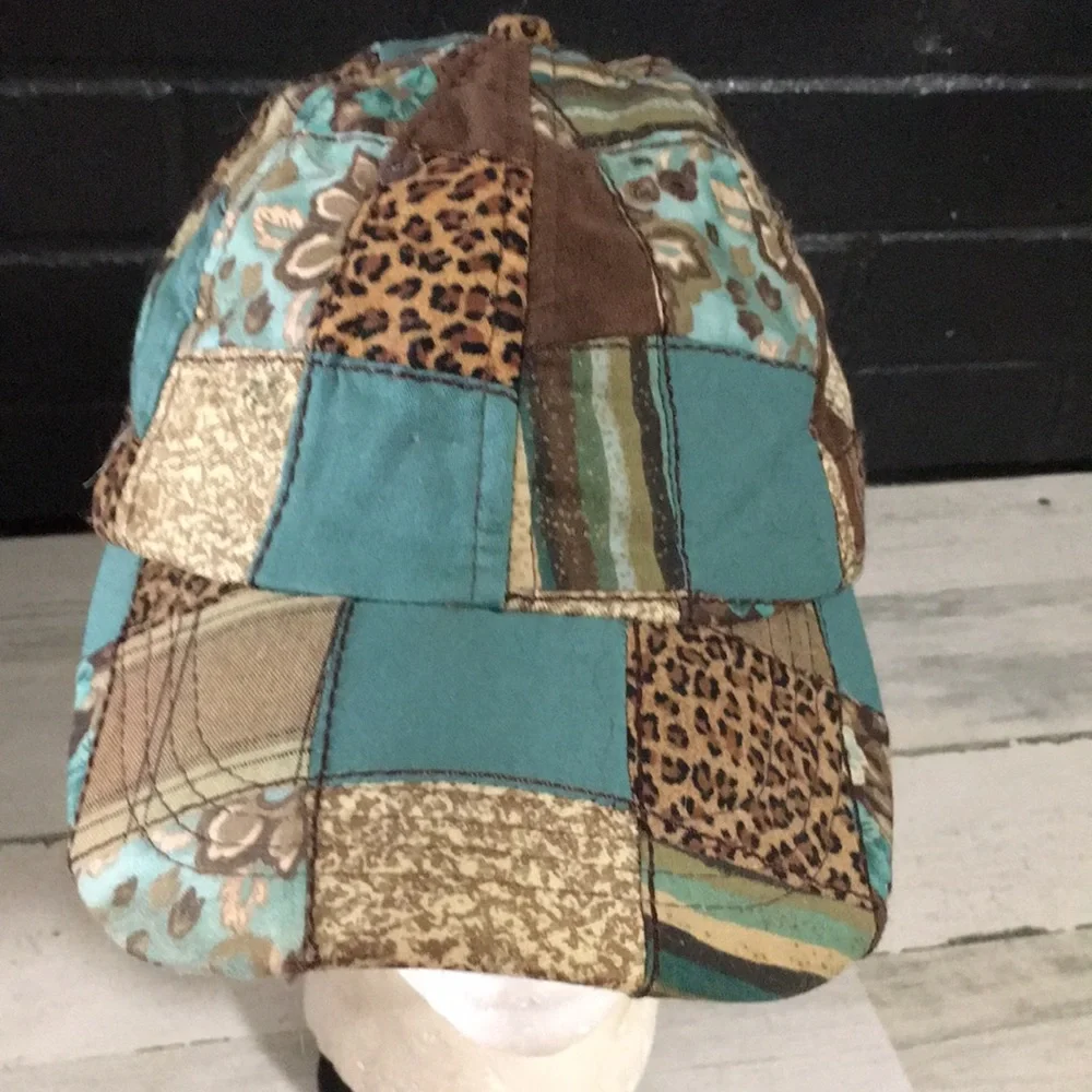 Patchwork teal brown cream adjustable back floral animal print ballcap